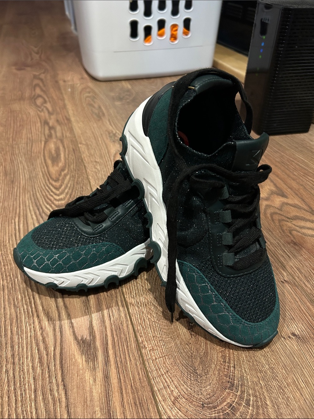 Donna Karan Dark Green and Black Knit Lace-Up Sneakers